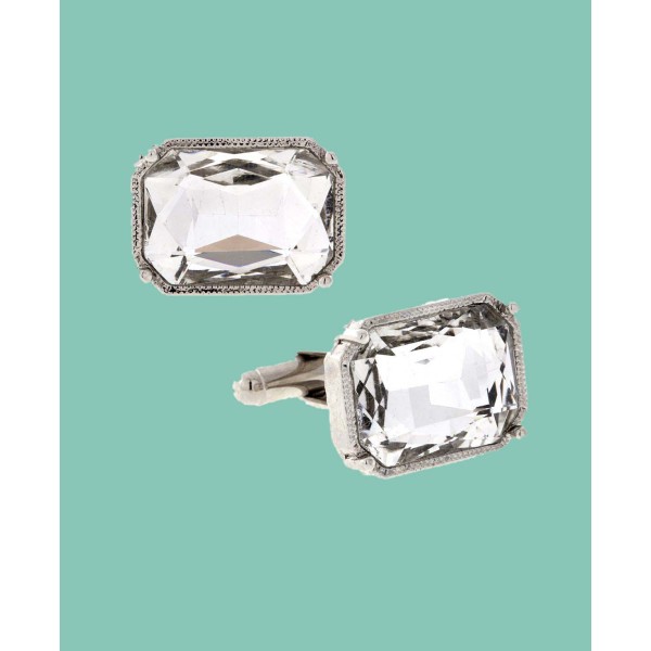 Jewelry Silver-Tone Rectangle Crystal Cufflinks